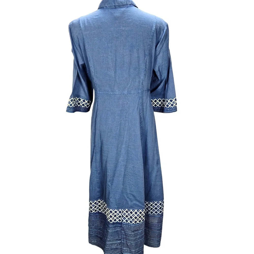 Women's April Cornell Small Blue Chambray Embroidered‎ Midi Shirt Dress Boho